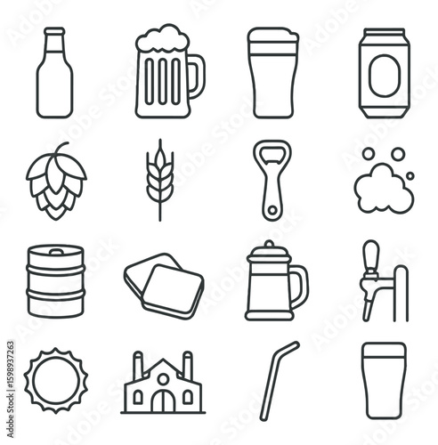 Brewery linear icon set. featuring beer, bottle, hops, mug, wheat, barrel, tap, opener, foam, brewery