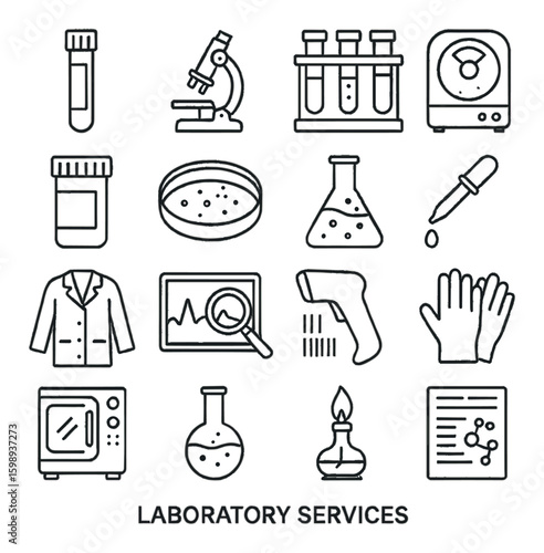 Laboratory services linear icon set: microscope, test tube, flask, petri dish, centrifuge, gloves, oven, pipette