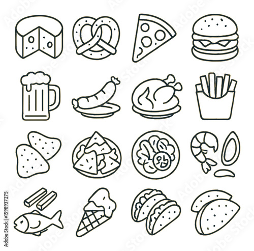 Food linear icon set. containing cheese, pretzel, pizza, burger, beer, sausage, chicken, fries, chips, nachos.