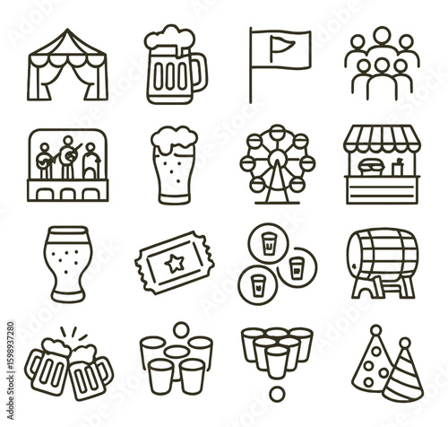 Festival linear icon set. containing beer, stage, ferris wheel, ticket, tent, flag, group, and more.