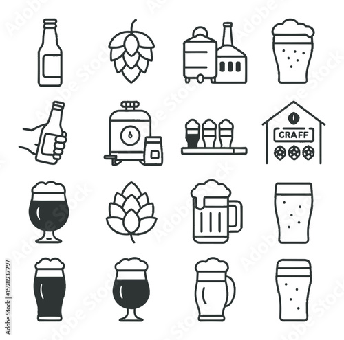 Brewery linear icon set. containing beer, hops, brewery equipment, craft beer, mug, pint, brewing tank.