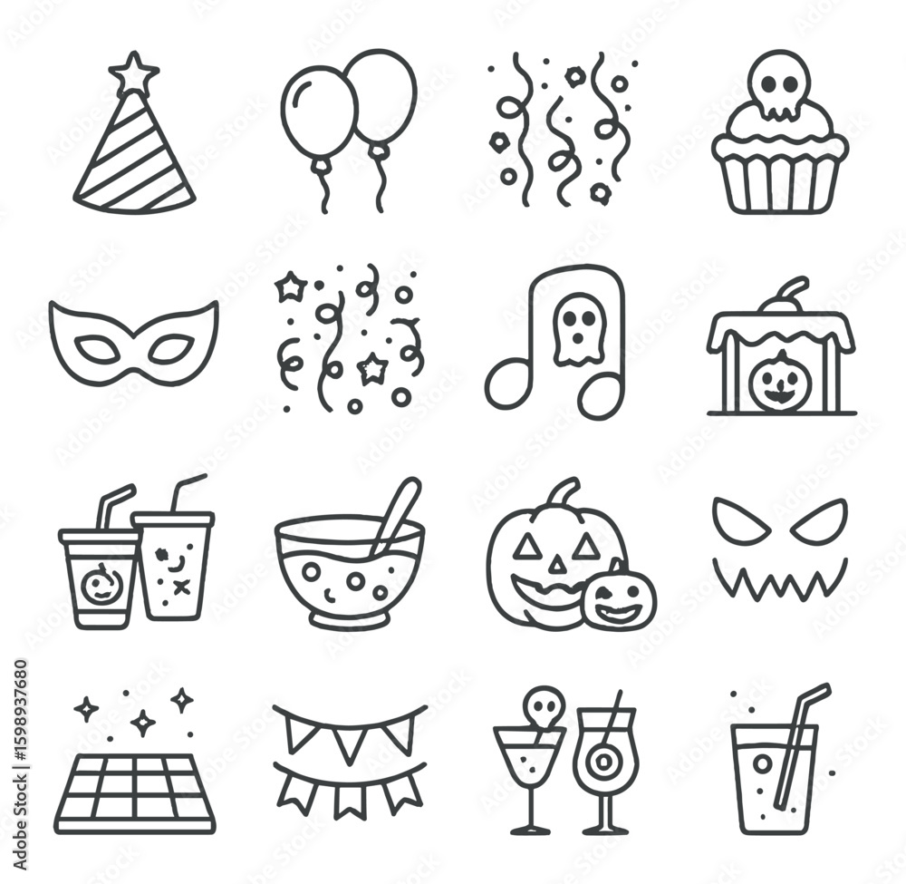 Halloween linear icons set. includes party hat, balloons, streamers, cupcake, mask, music, drinks, pumpkin, banners Halloween linear icons set. includes party hat, balloons, streamers, cupcake, mask, music, drinks, pumpkin, banners