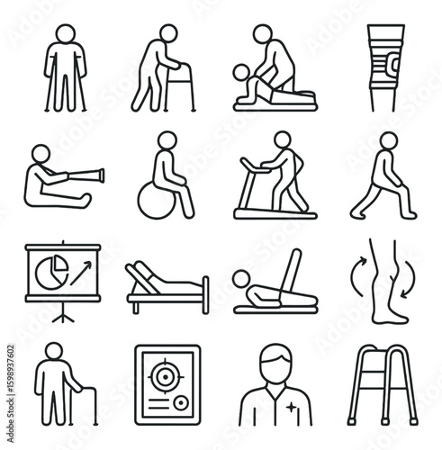 Healthcare rehabilitation linear icon set. includes physiotherapy, walker, treadmill, crutches, exercise, and more.