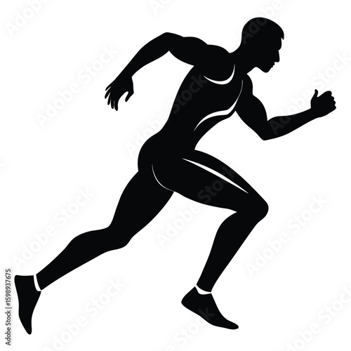 Silhouette of Athlete Sprinting Forward with Determined Expression in Black and White Art