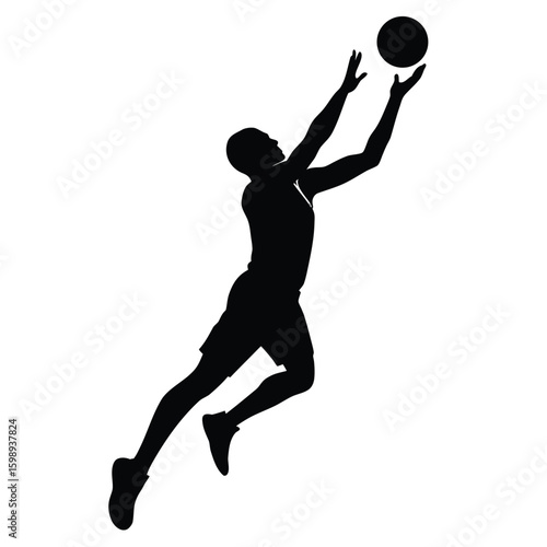 Silhouette of Basketball Player Jumping and Reaching for Ball in Air Isolated