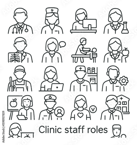 Medical staff linear icon set. includes doctor, nurse, pharmacist, surgeon, radiologist, therapist, and more.