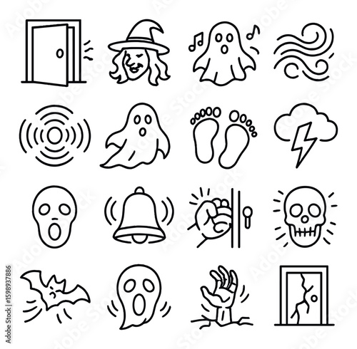 Halloween linear icon set. includes ghost, witch, bat, skull, thunderstorm, and more.