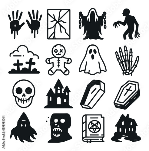 Horror silhouette icon set. includes ghost, zombie, skull, haunted house, coffin, skeleton, and more.