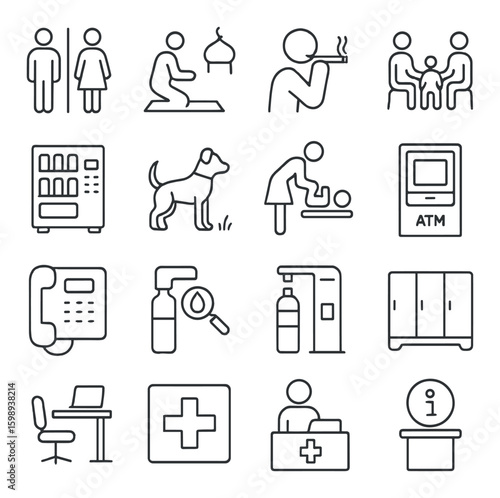 Public spaces linear icon set: restroom, prayer, smoking, atm, dog, first aid, locker, office, more