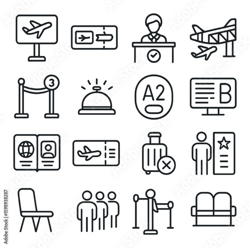 Travel linear icons set: boarding, check-in, gate, passport, flight, ticket, luggage, waiting area