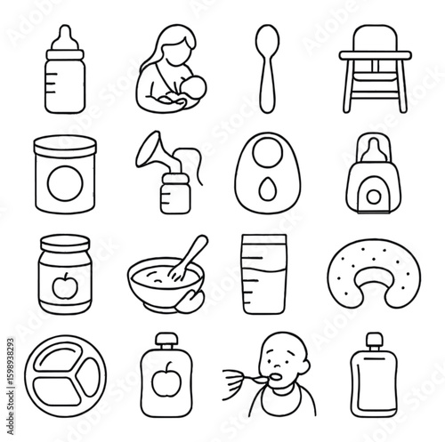 Baby essentials linear icons set: feeding bottle, breastfeeding, spoon, high chair, pacifier, and more