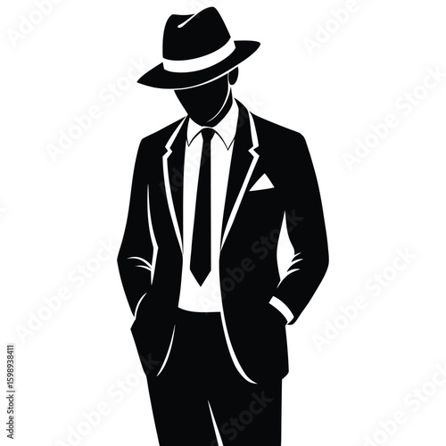 Silhouette of Man in Suit and Fedora Hat Standing with Hands in Pockets