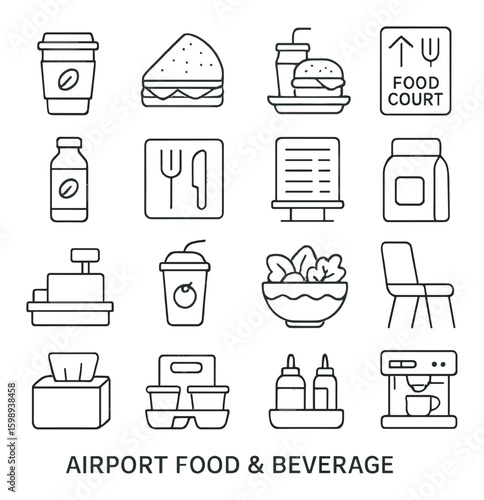 Airport food & beverage linear icon set. includes coffee, burger, salad, tray, menu, packaging, seating & more.
