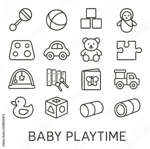 Baby playtime linear icon set. featuring rattle, blocks, car, teddy, puzzle, xylophone and more.