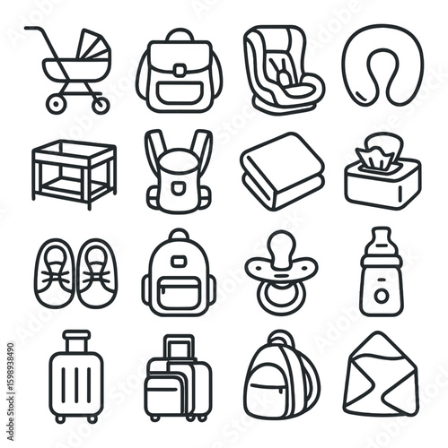Baby essentials linear icon set. stroller, backpack, car seat, nursing pillow, crib, bib, pacifier, bottle, envelope.
