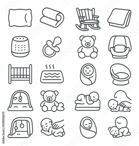 Baby care linear icons set: pillow, blanket, rocking chair, baby monitor, pacifier, teddy bear, crib, swaddle