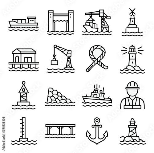 Marine infrastructure linear icon set: ship, dock, crane, lighthouse, anchor, engineer, rope, bridge