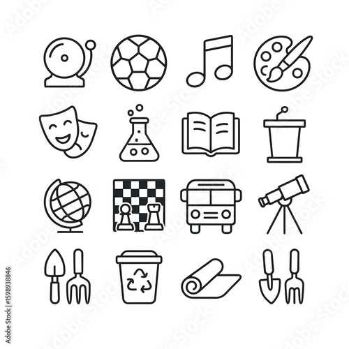Education linear icon set. containing bell, soccer ball, music note, paint palette, theater mask, beaker, and more.