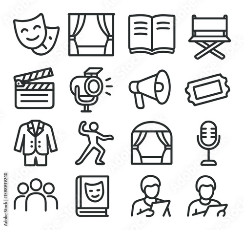 Theater linear icon set. containing drama, stage, script, director, megaphone, ticket, actor, and more.