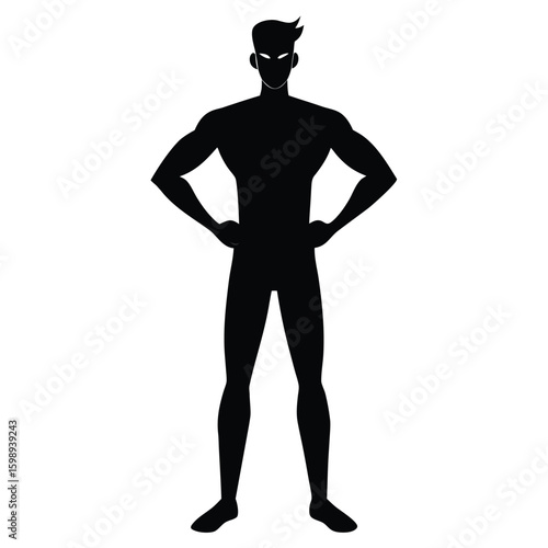 Silhouette of Muscular Cartoon Superhero Standing with Hands on Hips on White