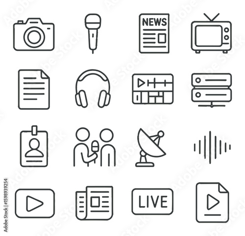 Media linear icons set. includes camera, microphone, newspaper, tv, headphones, antenna, and more.