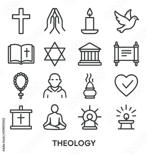 Theology linear icon set. containing cross, prayer, candle, dove, bible, star, temple, scroll, beads, monk.