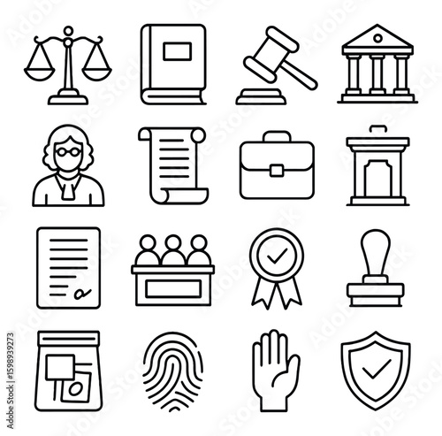 Legal linear icon set. featuring justice, law book, courthouse, judge, contract, gavel, and more.