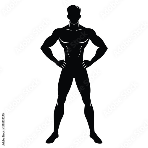Silhouette of Muscular Man Posing with Hands on Hips Standing Boldly