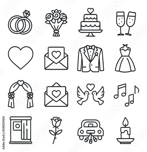 Wedding linear icon set. including rings, bouquet, cake, champagne, heart, invitations, attire, doves, music.