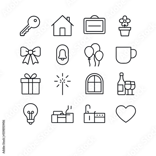 Home and celebration linear icon set. featuring key, house, suitcase, plant, gift, bell, balloons, mug, window, wine, heart.