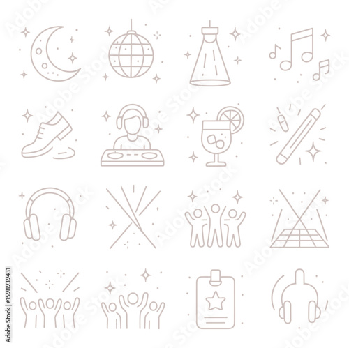 Nightlife linear icons set: moon, disco ball, spotlight, music note, dj, cocktail, headphones, dance floor, laser show