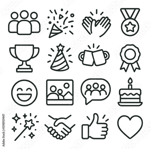 Celebration linear icon set: party, trophy, medal, cake, cheers, smile, heart, ribbon, magic wand, thumbs up