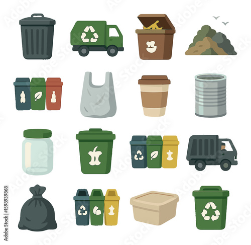 Recycling flat icon set. includes bin, truck, compost, landfill, plastic, glass, metal, paper, waste.