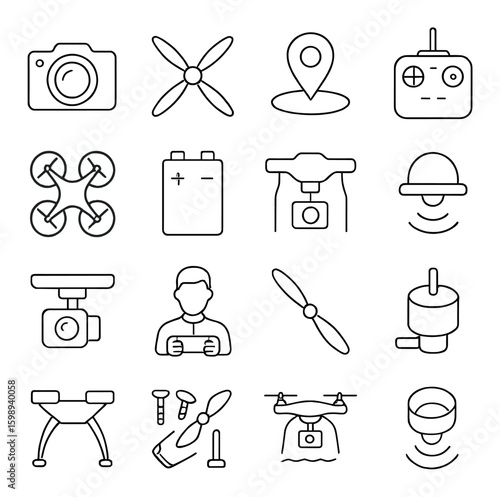 Drone technology linear icon set. includes camera, propeller, gps, controller, battery, and more.