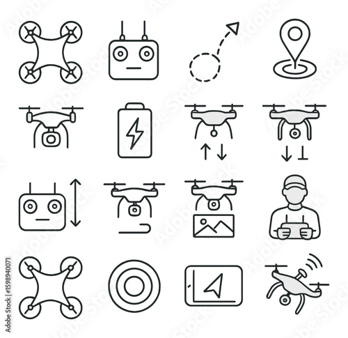 Drone linear icon set. containing gps, remote, camera, battery, aerial photography, pilot, flight path.
