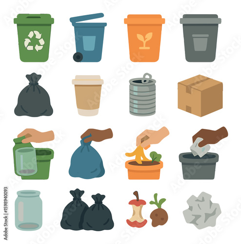 Waste management silhouette icon set: recycling, compost, trash, garbage, bin, bag, can, box, glass, apple
