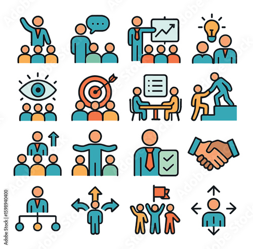 Business meeting flat icon set. containing presentation, teamwork, strategy, discussion, leadership, coaching, handshake.