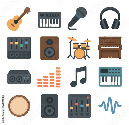 Music flat icon set. containing guitar, keyboard, microphone, headphones, mixer, speaker, drums, piano, and more.