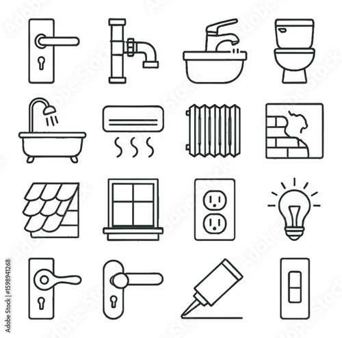 Home utilities linear icon set: doors, faucets, toilets, bathtubs, air conditioning, windows, outlets, switches