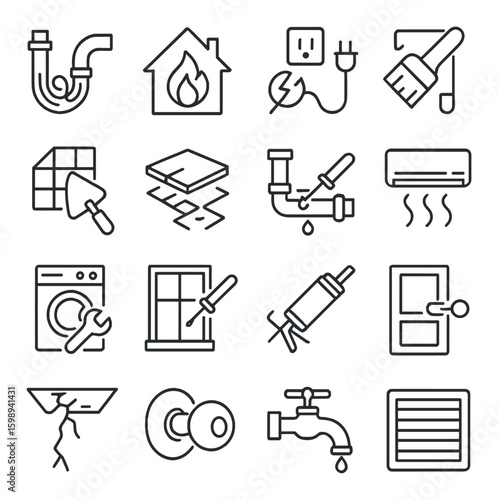 Home maintenance linear icon set. including plumbing, heating, painting, ac, flooring, repair, window, and more.