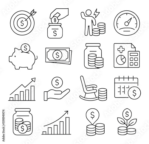 Finance linear icon set. containing target, savings, budget, piggy bank, investment, calculator, growth and more.