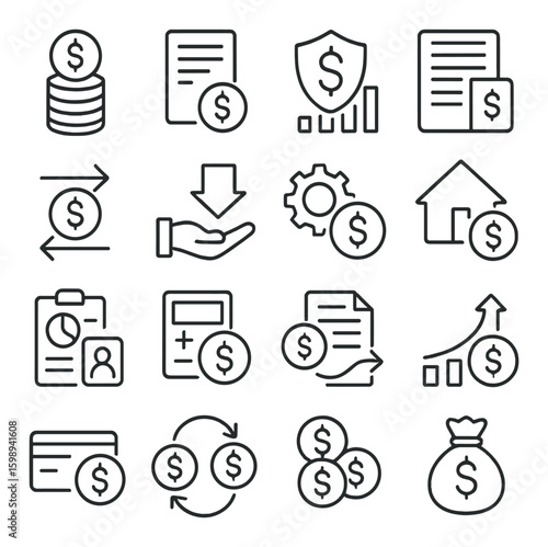 Finance linear icon set. includes savings, documents, security, handshake, gear, home, profile, calculator, growth, money bag