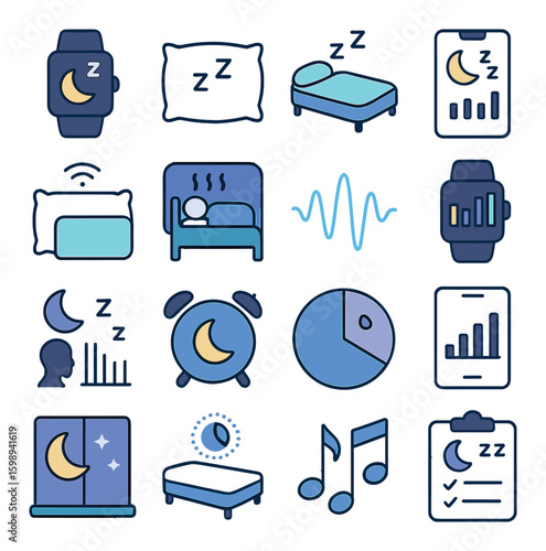 Sleep linear icon set. including bed, moon, sleep tracker, pillow, alarm clock, music, wave, graph
