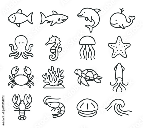 Marine life linear icon set. featuring fish, shark, dolphin, whale, octopus, seahorse, jellyfish, starfish.