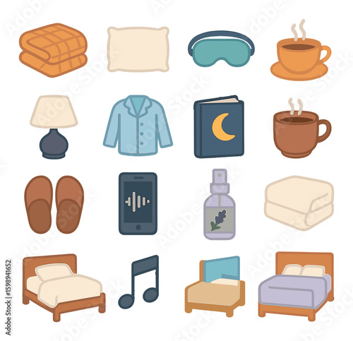 Sleep routine flat icon set. includes blanket, pillow, eye mask, coffee, lamp, pajamas, mug, book, slippers, music.