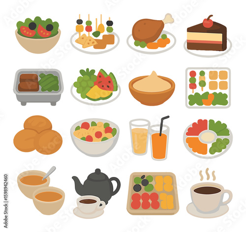 Food flat icon set. containing salad, skewers, roast, cake, buffet, dessert, fruit, soup, tea, juice and more.