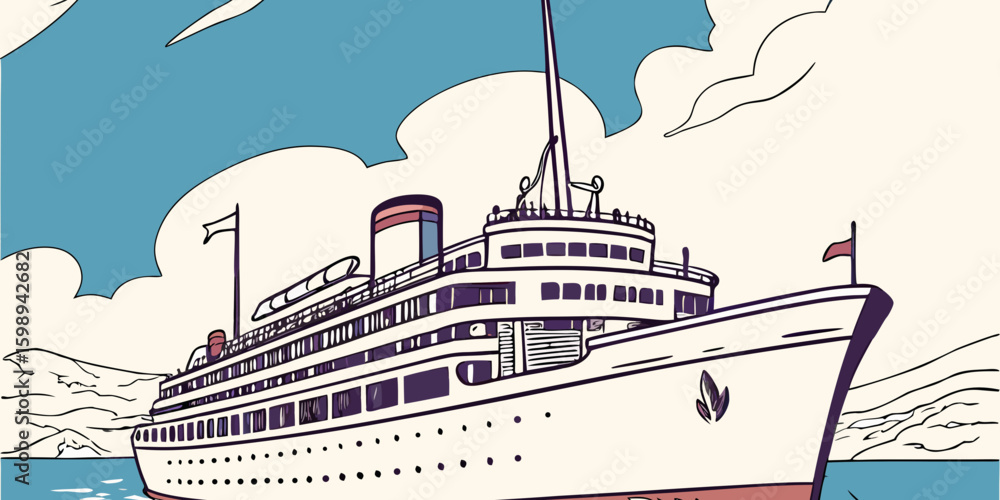 Obraz premium Vintage cruise ship illustration artwork showcasing ocean liner travel and nautical vessel design style art