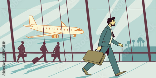 Airport travel business trip businessman walking with briefcase airplane flight journey illustration style
