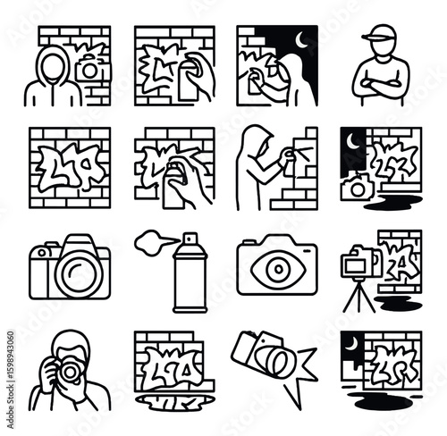 Graffiti linear icon set. containing spray can, street artist, camera, graffiti wall, urban art, street art, and more.