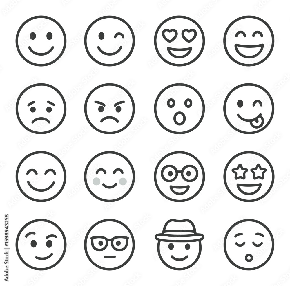 Emotion linear icon set. containing happy, sad, angry, surprised, winking, love, cool, and more. Emotion linear icon set. containing happy, sad, angry, surprised, winking, love, cool, and more.